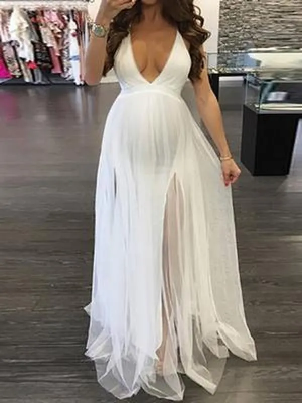 Momnfancy Mesh V-neck Spaghetti Strap Backless Going Out Baby Shower Maternity Maxi Dress