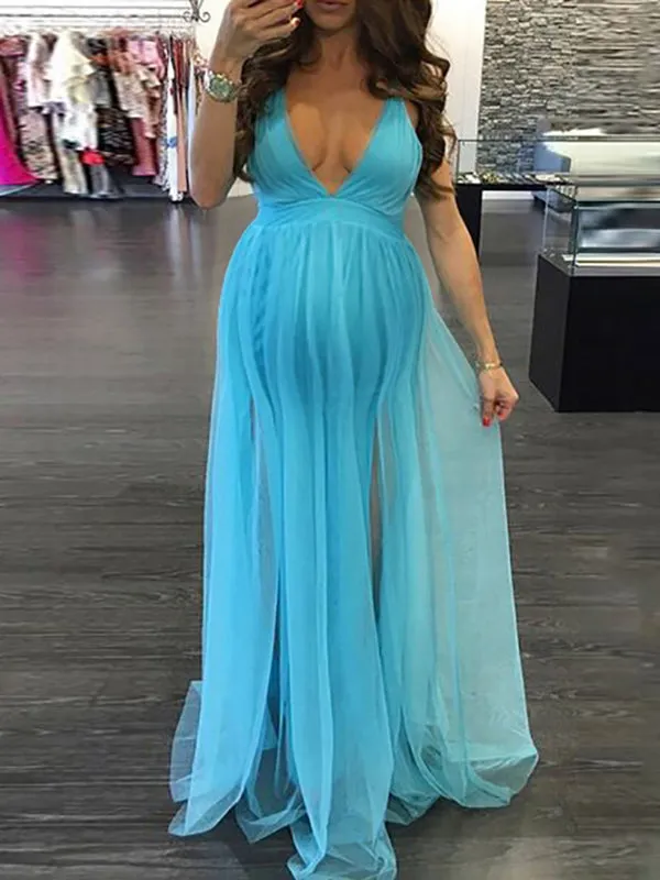 Momnfancy Mesh V-neck Spaghetti Strap Backless Going Out Baby Shower Maternity Maxi Dress