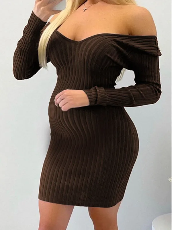 Momnfancy Solid Color Off Shoulder Bodycon V-Neck Long Sleeve Sweater Maternity Mini Dress