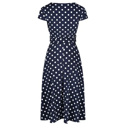 Navy Blue Polka Dot Cap Sleeve Fit And Flare Midi Dress