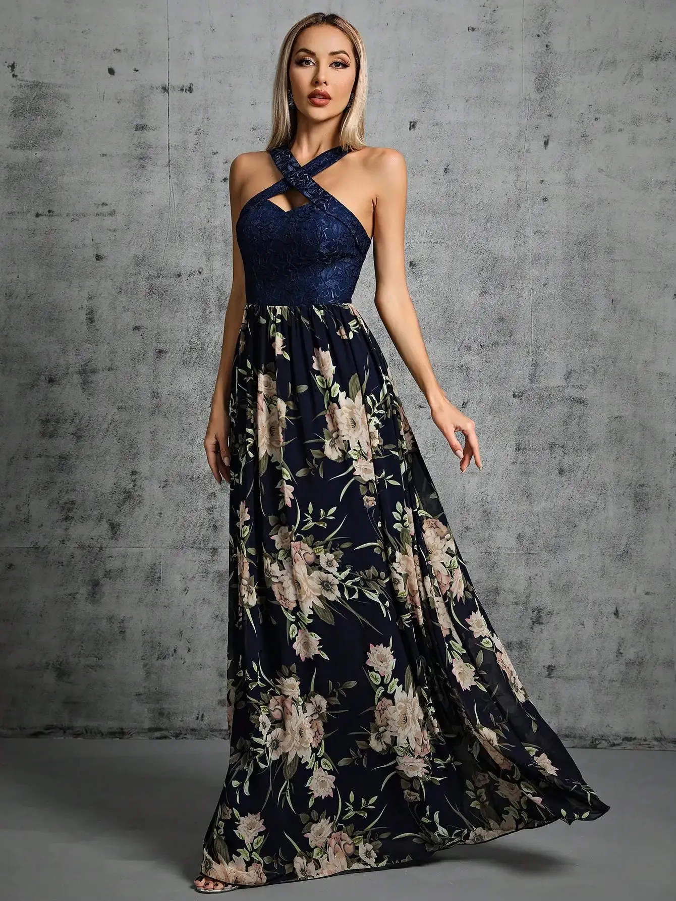 Navy Floral Cross Strap A-Line Evening Party Dress