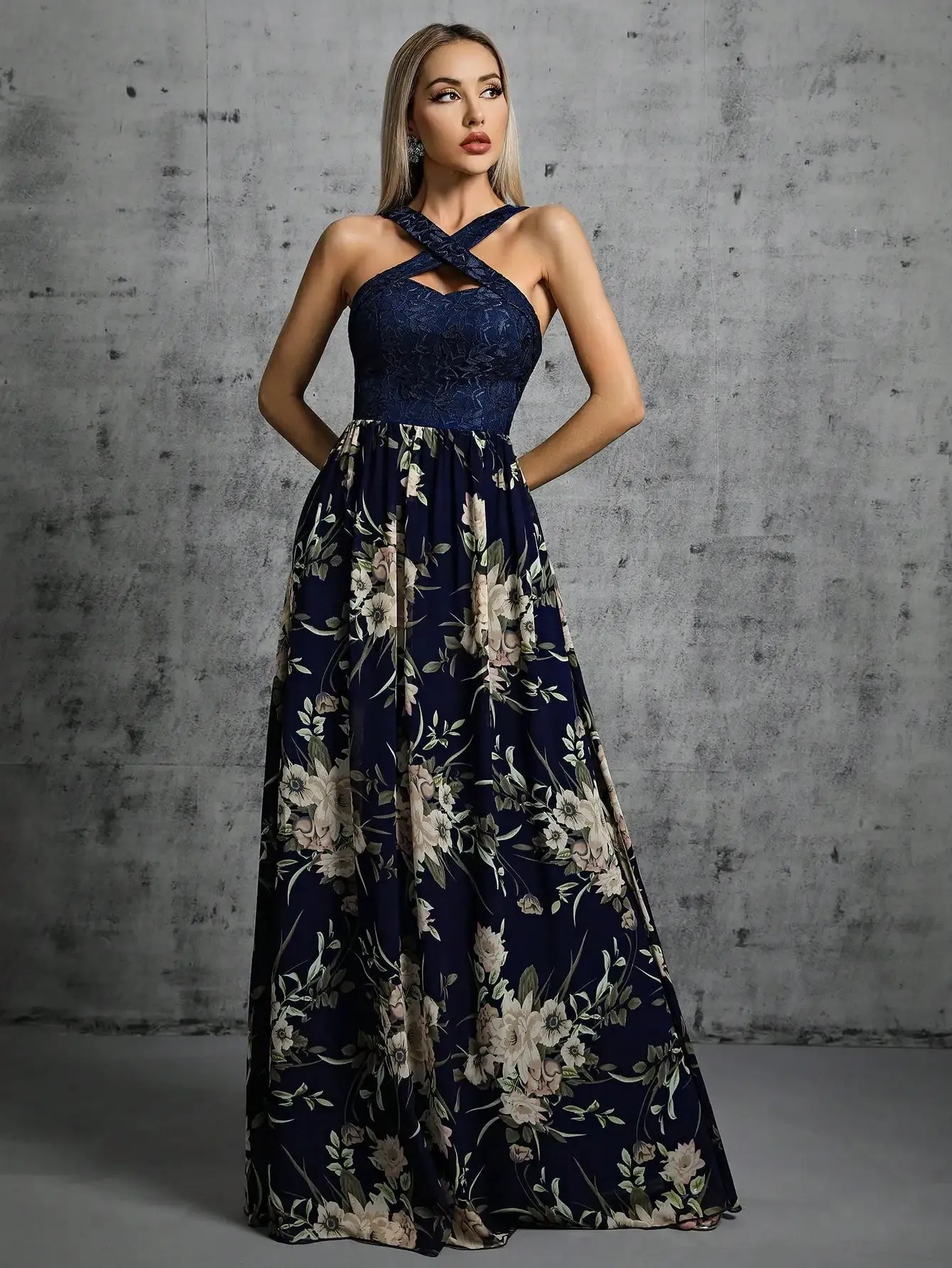 Navy Floral Cross Strap A-Line Evening Party Dress