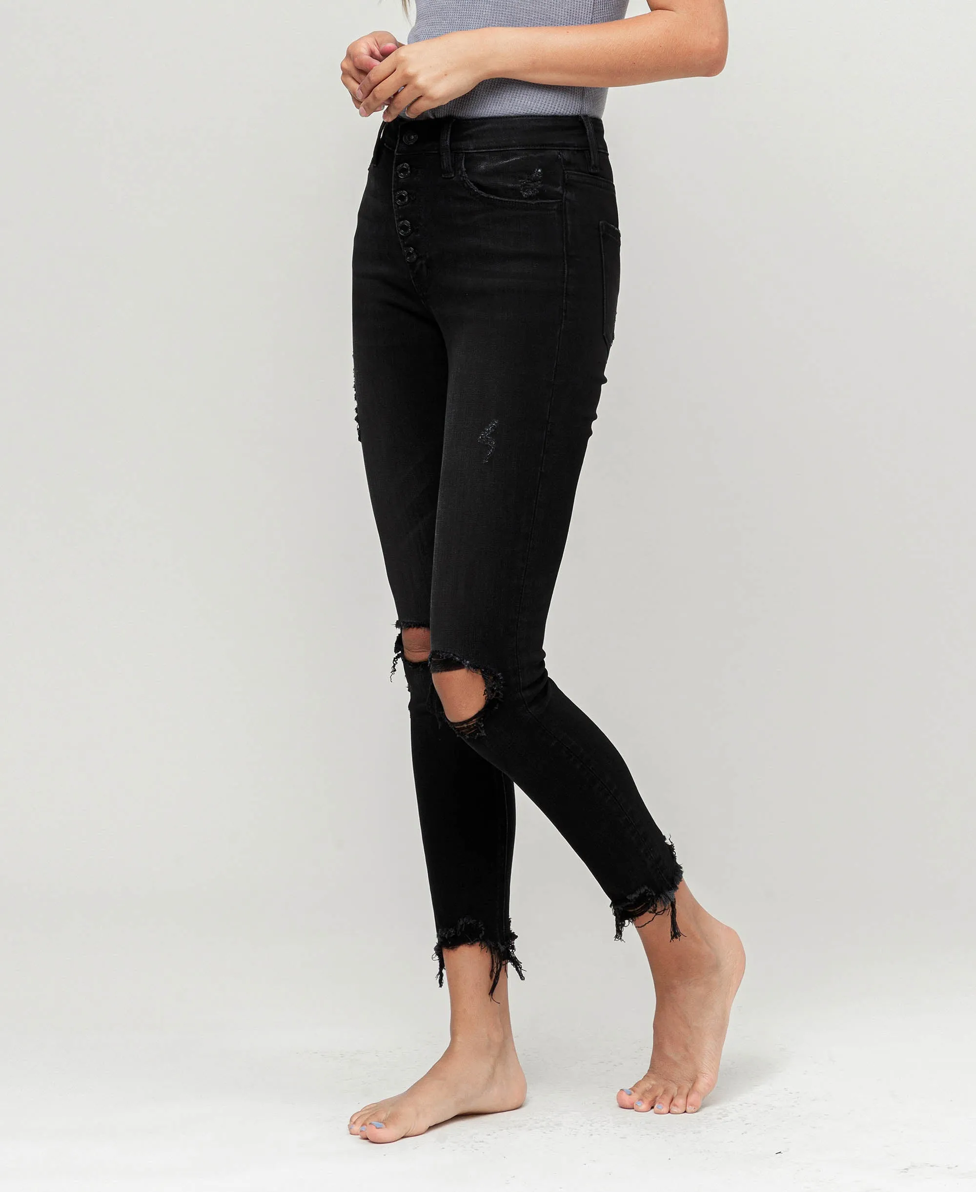 Night Reflection - High Rise Button Fly Distressed Crop Skinny Jeans