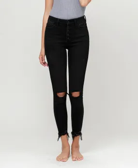 Night Reflection - High Rise Button Fly Distressed Crop Skinny Jeans