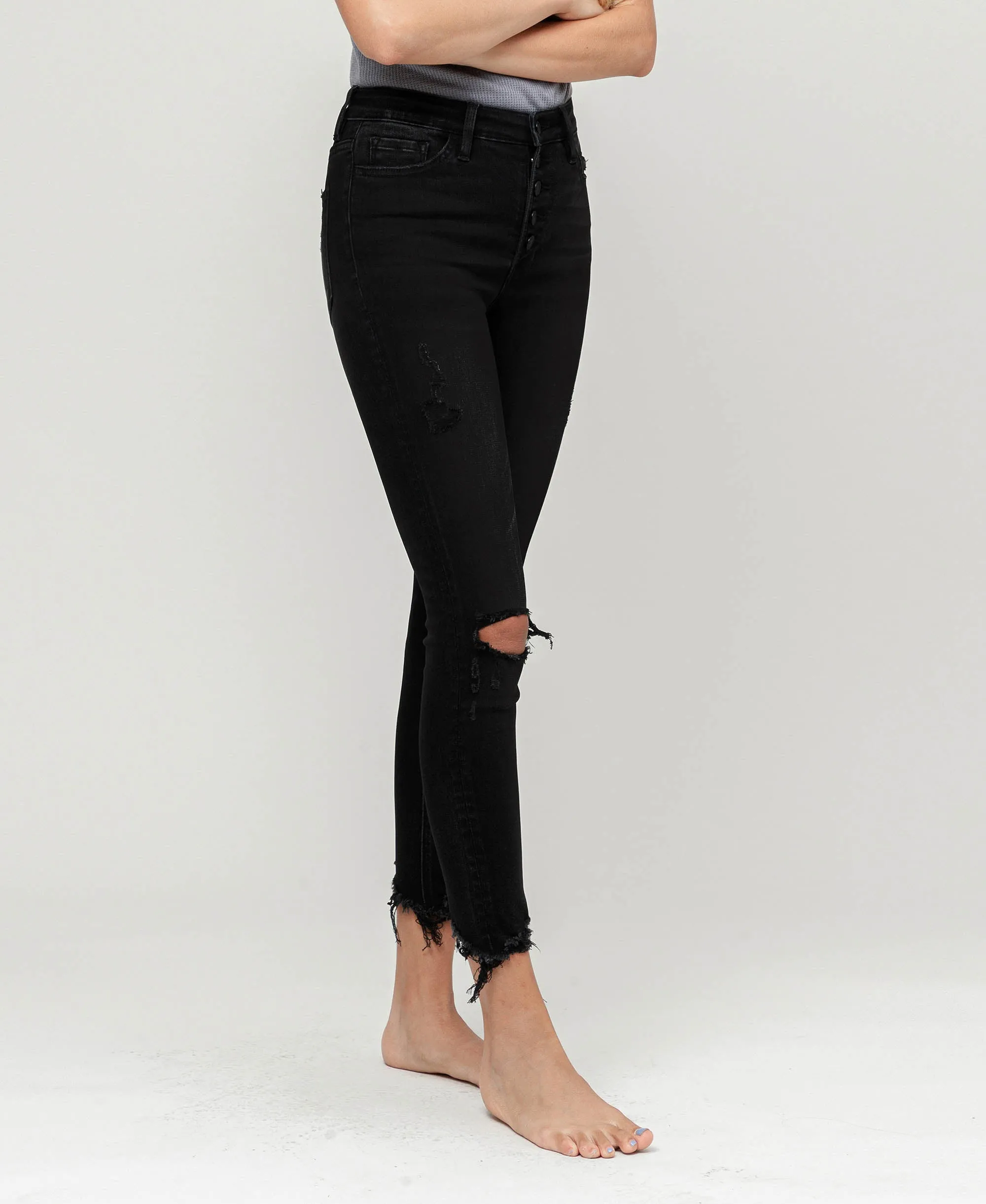 Night Reflection - High Rise Button Fly Distressed Crop Skinny Jeans