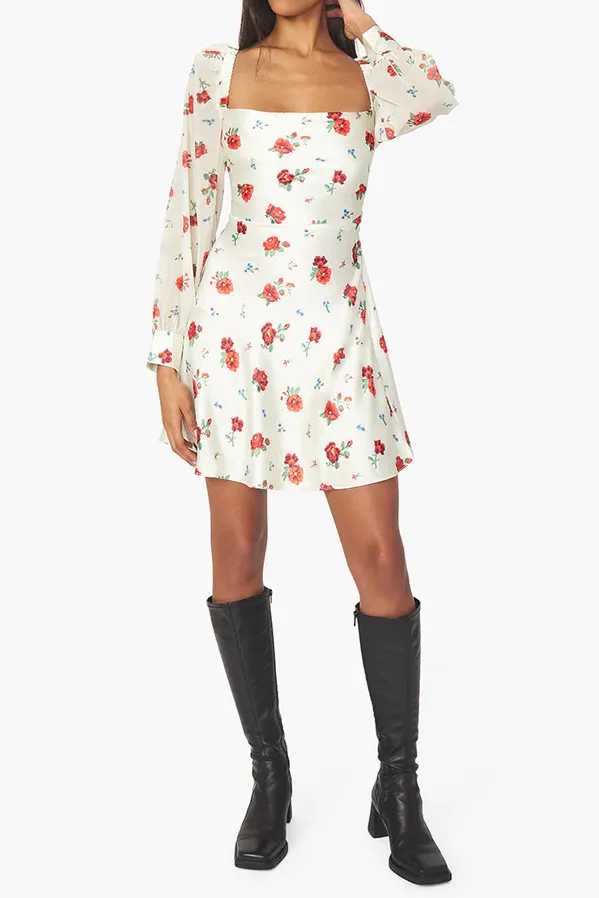 Optic white multi floral puff sleeve cowl dress