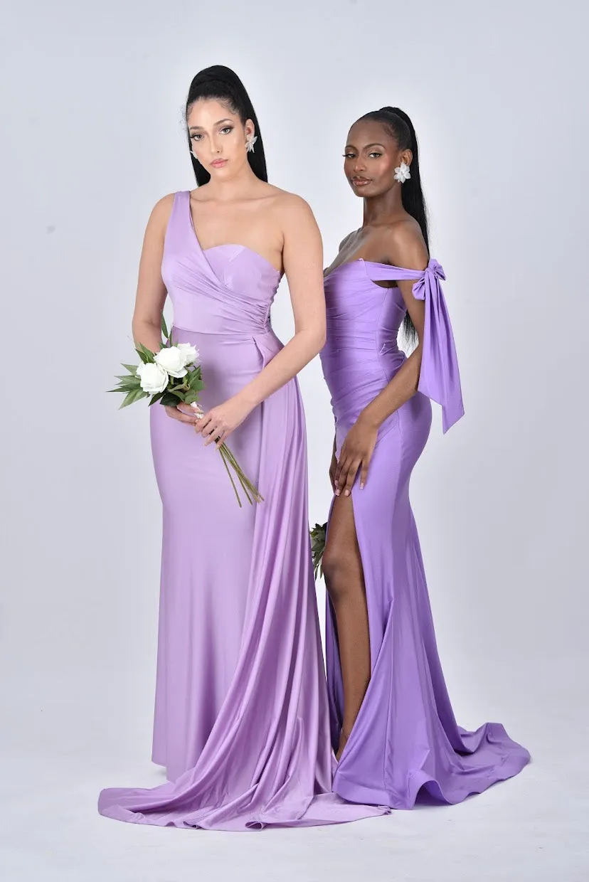 PENELOPE Off Shoulder Bridesmaids Maxi Dress with Bow Train and Side Split - Lavender Purple