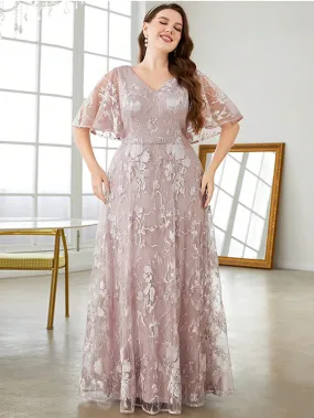 Pink Lace Embroidered Short Sleeve Plus Size Dress