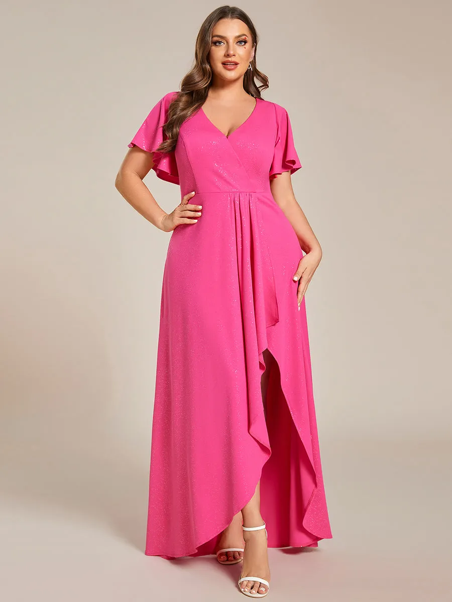 Plus High Low Split Shiny Wholesale Evening Dresses With Ruffle Sleeves