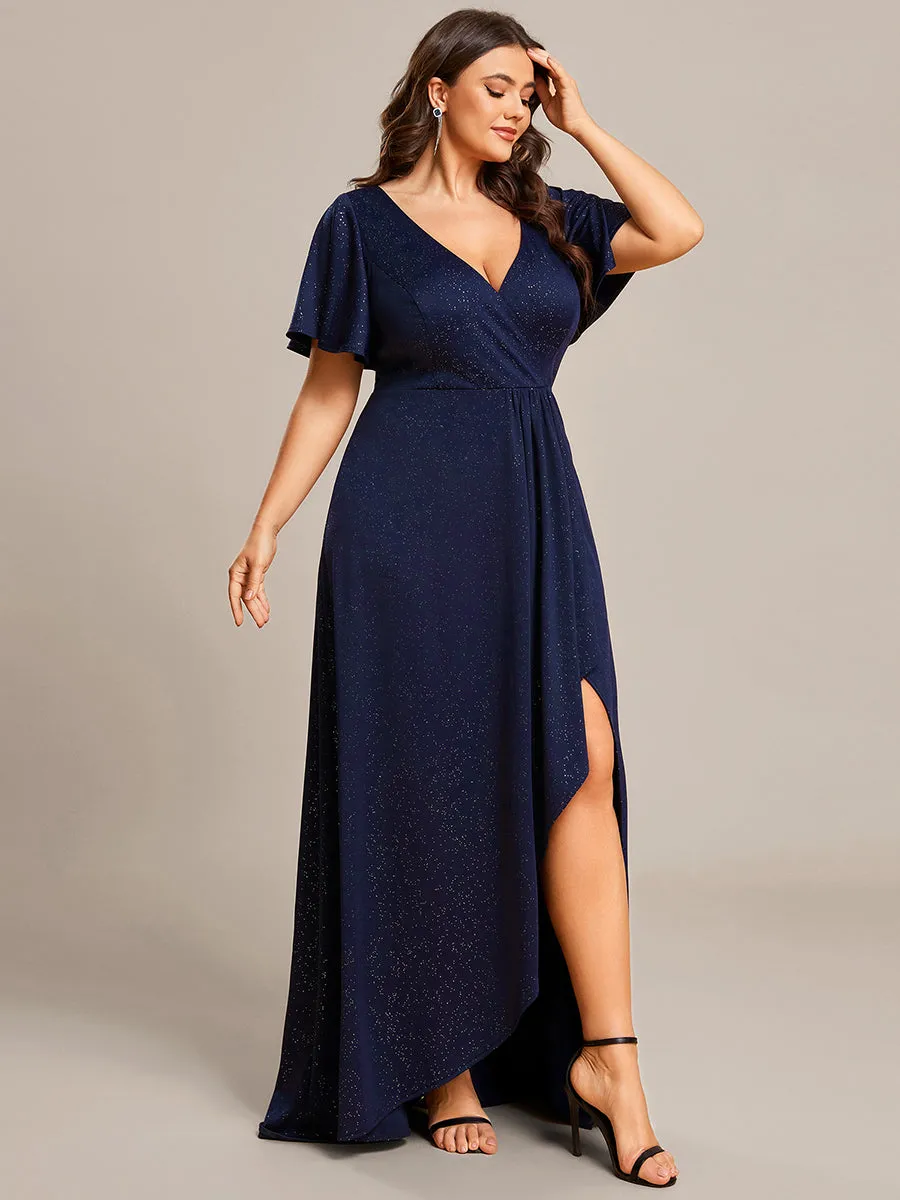 Plus High Low Split Shiny Wholesale Evening Dresses With Ruffle Sleeves