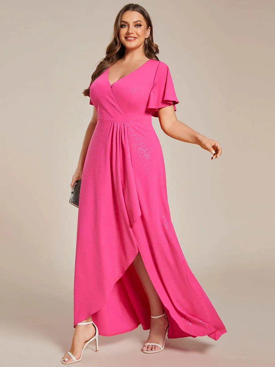 Plus High Low Split Shiny Wholesale Evening Dresses With Ruffle Sleeves