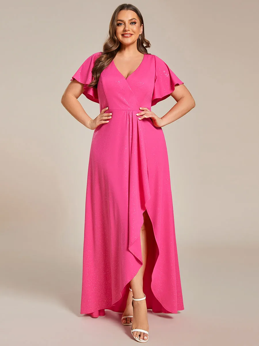 Plus High Low Split Shiny Wholesale Evening Dresses With Ruffle Sleeves