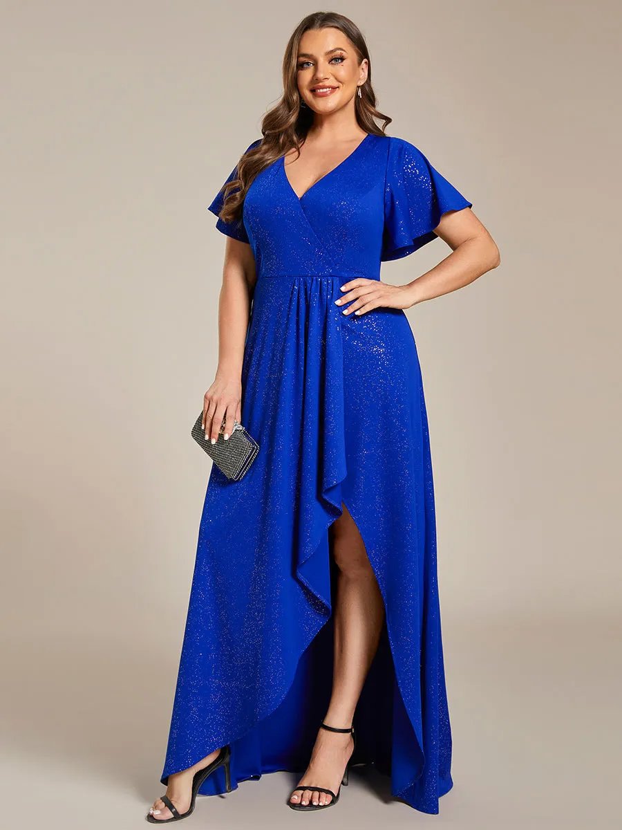 Plus High Low Split Shiny Wholesale Evening Dresses With Ruffle Sleeves