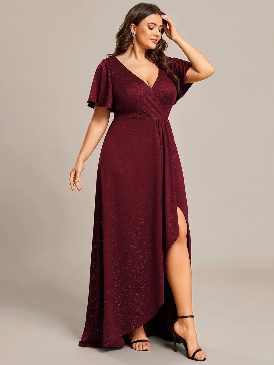 Plus High Low Split Shiny Wholesale Evening Dresses With Ruffle Sleeves