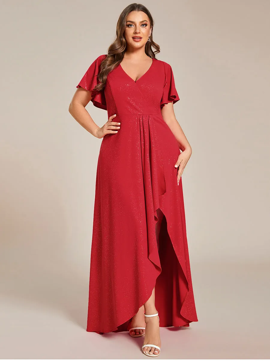 Plus High Low Split Shiny Wholesale Evening Dresses With Ruffle Sleeves