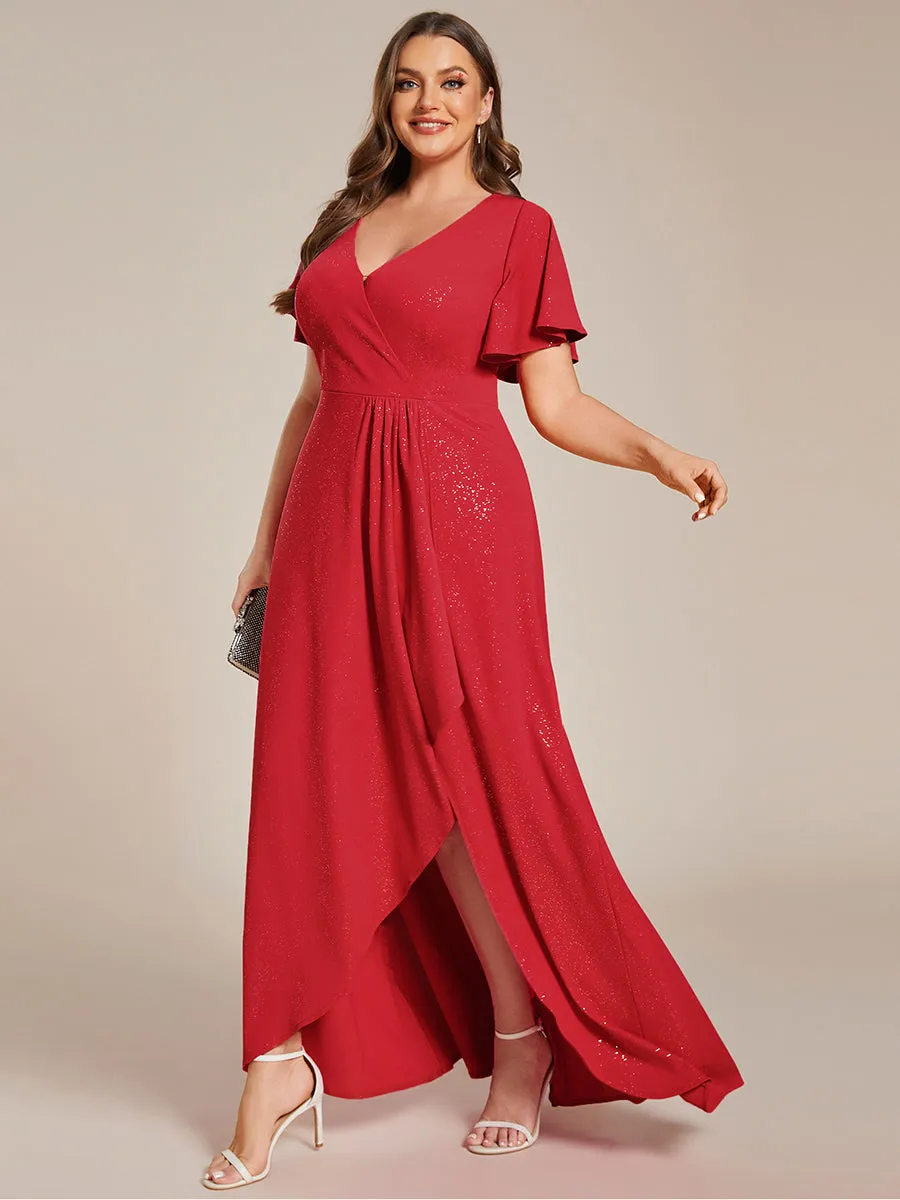 Plus High Low Split Shiny Wholesale Evening Dresses With Ruffle Sleeves