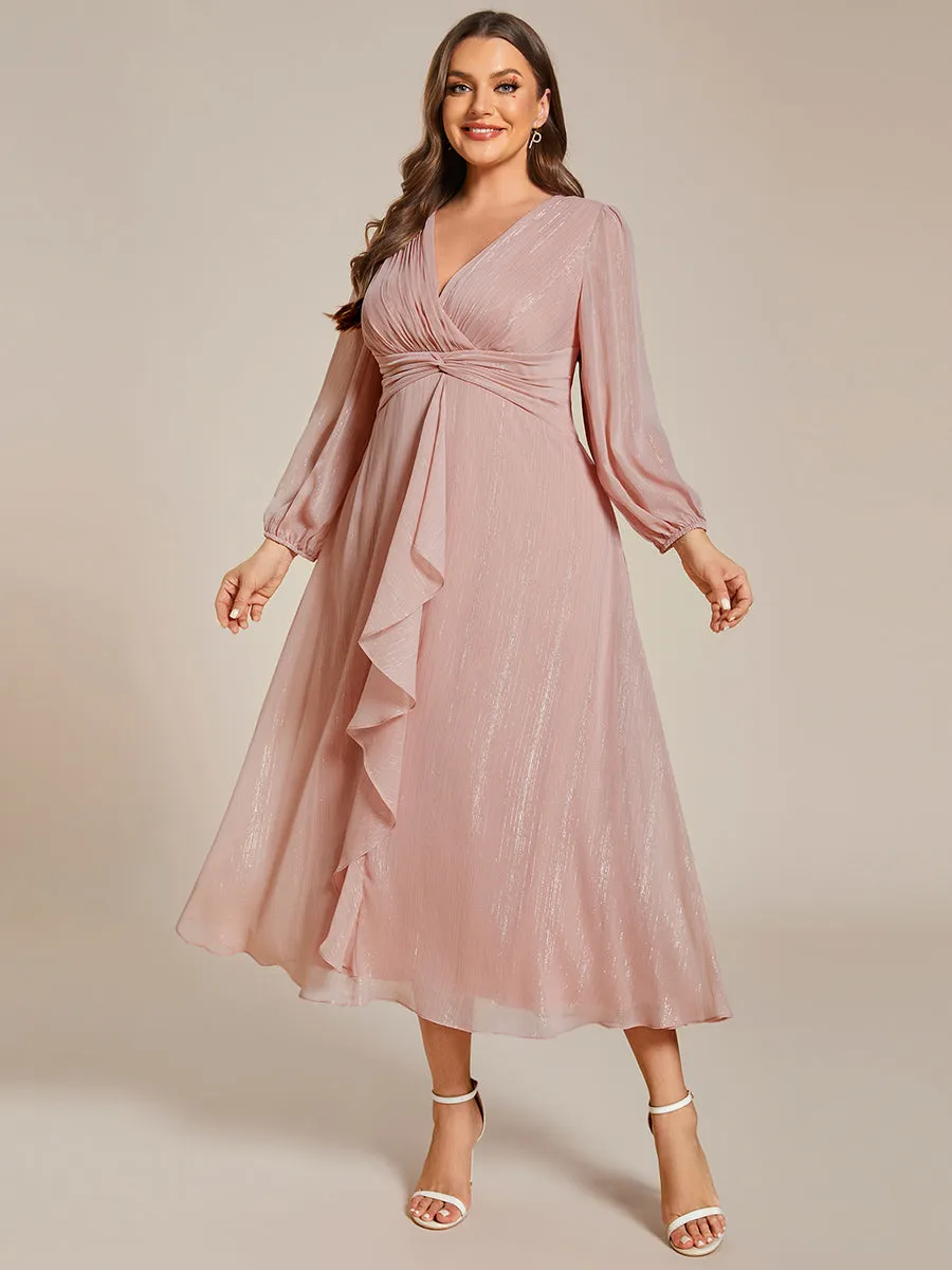 Plus Shiny Chiffon Wholesale Wedding Guest Dresses with Long Sleeve