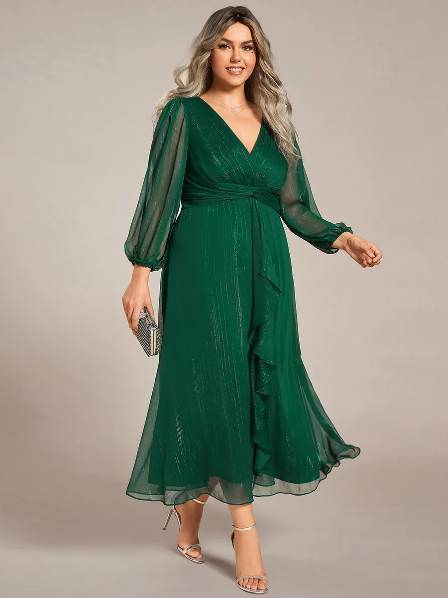 Plus Shiny Chiffon Wholesale Wedding Guest Dresses with Long Sleeve