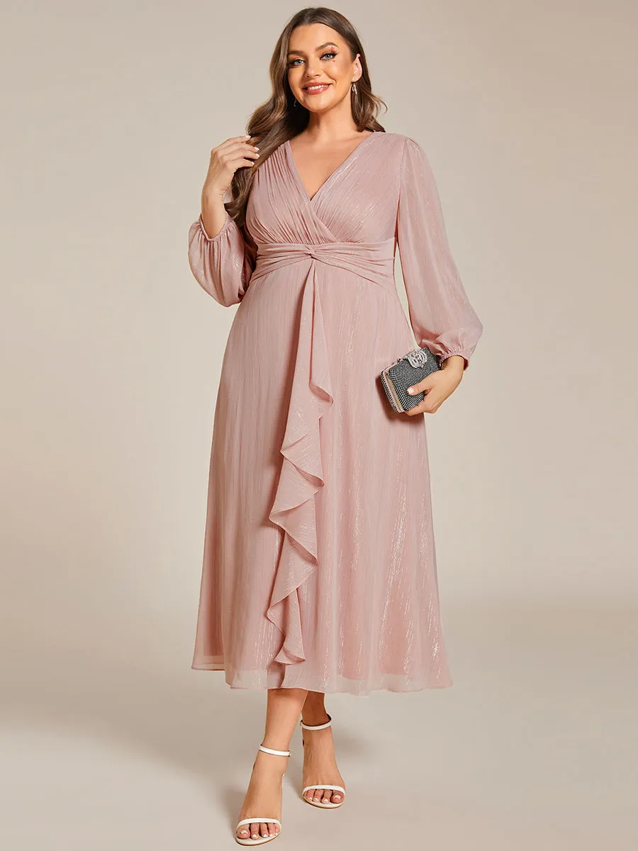 Plus Shiny Chiffon Wholesale Wedding Guest Dresses with Long Sleeve