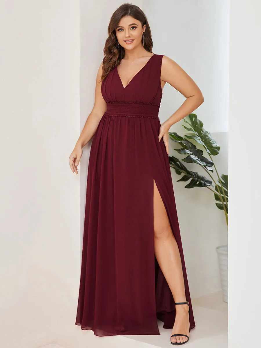 Plus Sleeveless Deep V Neck Thigh High Split Wholesale Bridesmaid Dresses