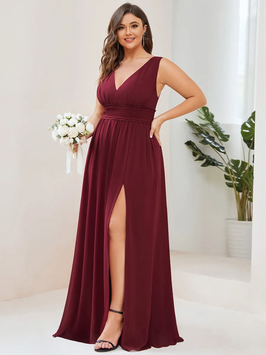 Plus Sleeveless Deep V Neck Thigh High Split Wholesale Bridesmaid Dresses