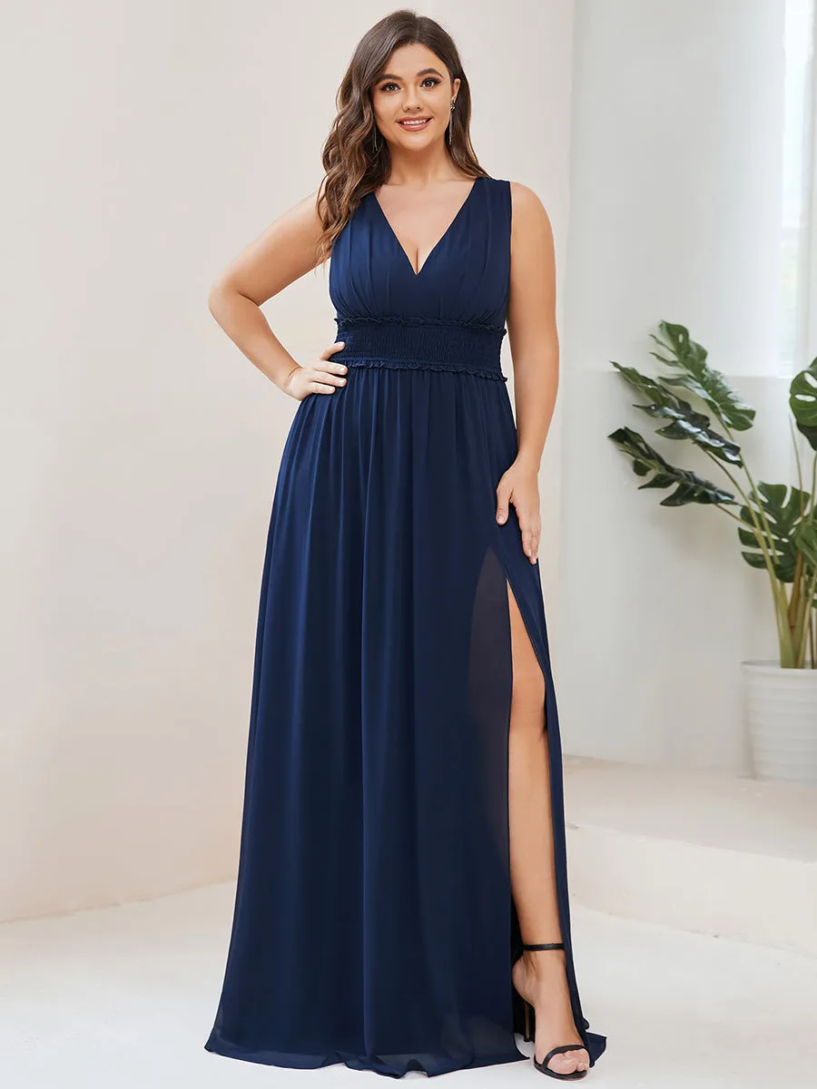 Plus Sleeveless Deep V Neck Thigh High Split Wholesale Bridesmaid Dresses