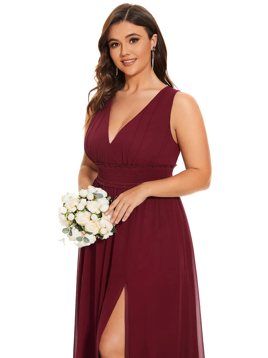 Plus Sleeveless Deep V Neck Thigh High Split Wholesale Bridesmaid Dresses