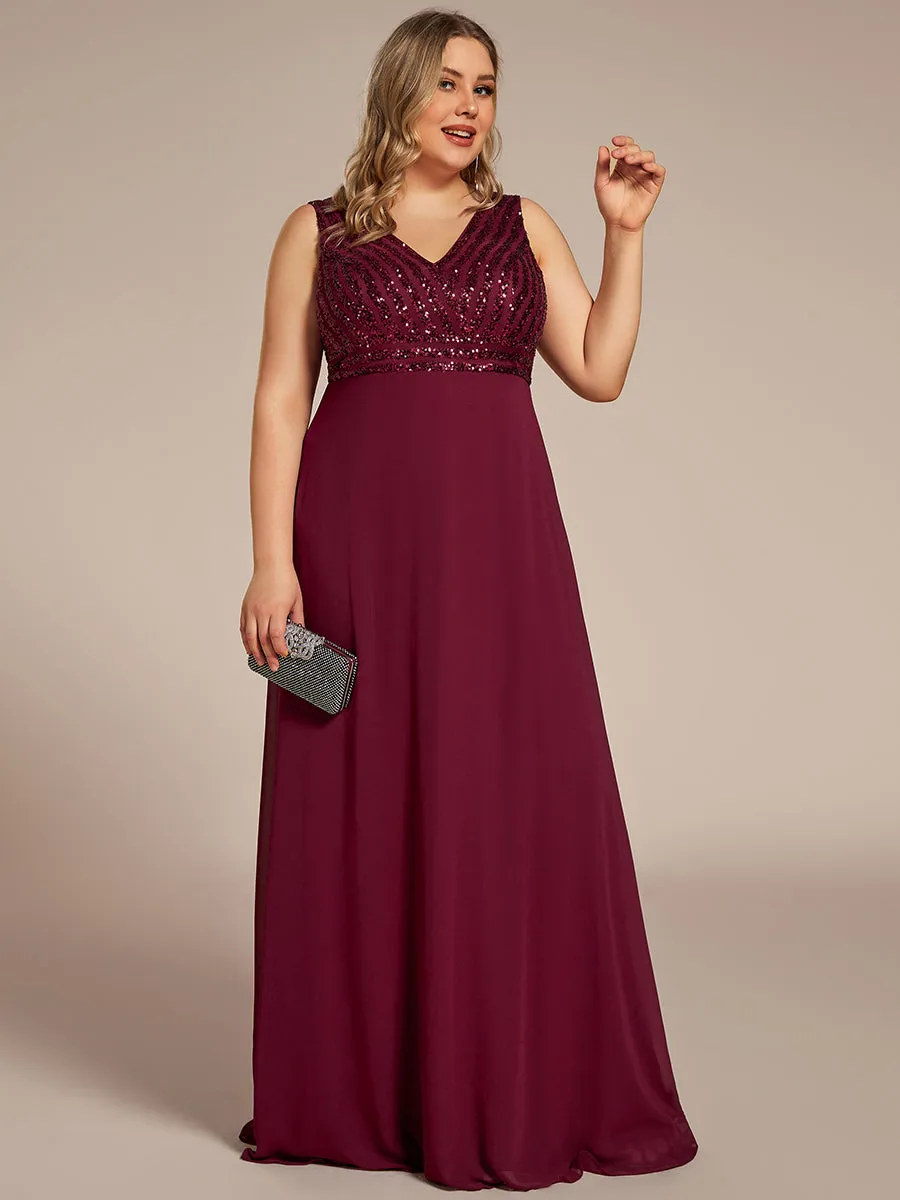 Plus-Sleeveless VNeck Sequin & Chiffon Wholesale Evening Dresses