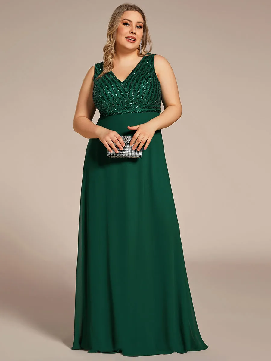 Plus-Sleeveless VNeck Sequin & Chiffon Wholesale Evening Dresses