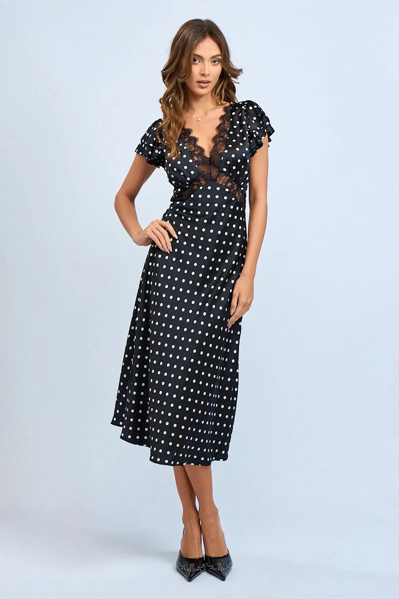 Polka Dot Lace Trim Midi Dress