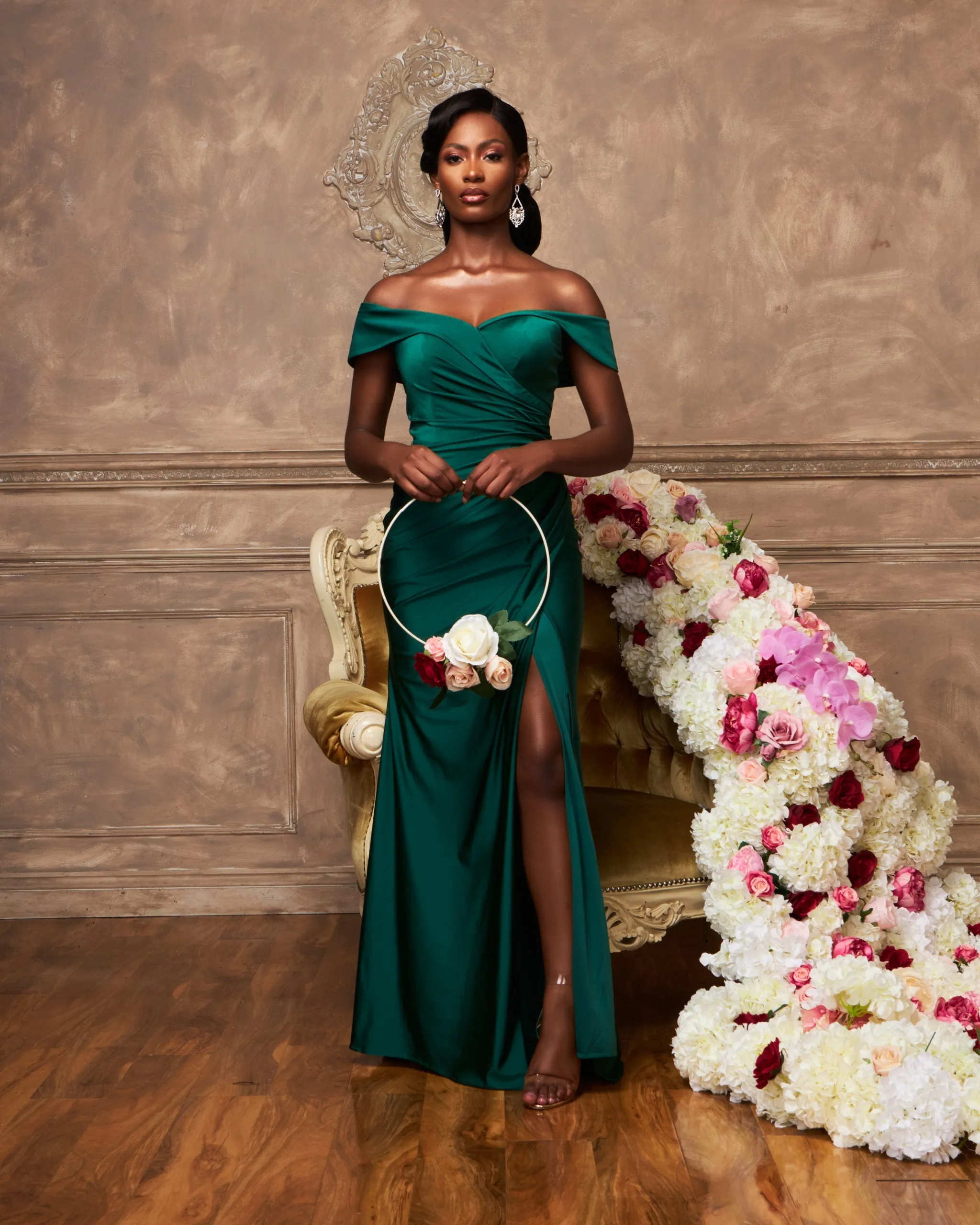 PROMISE Off Shoulder Ruched Waist Bridesmaids Maxi Dress with Side Split - Emerald Green