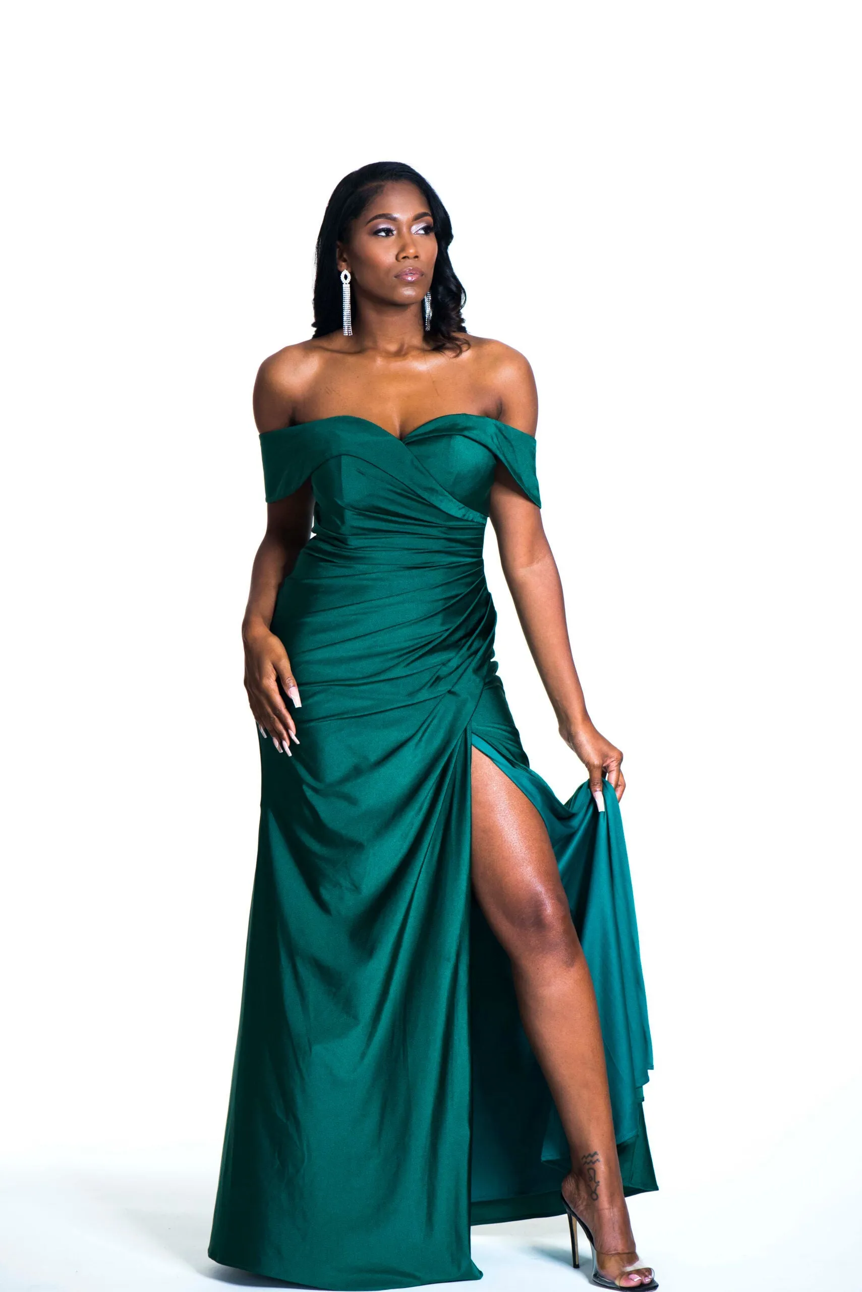 PROMISE Off Shoulder Ruched Waist Bridesmaids Maxi Dress with Side Split - Emerald Green