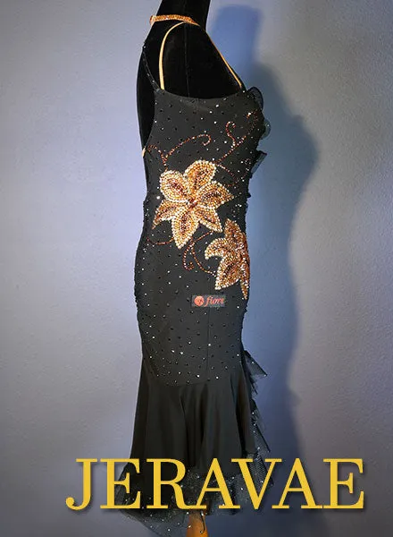 Resale Fiore Black Latin/Rhythm Dress with Brown Flower Stone Pattern SZ M/L Lat083