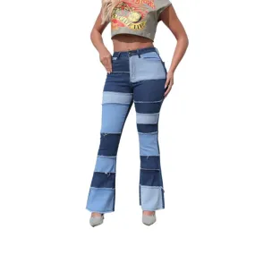 Retro Washed Contrast Color High Waist Hip Lift Sexy Horn Women Denim Trousers