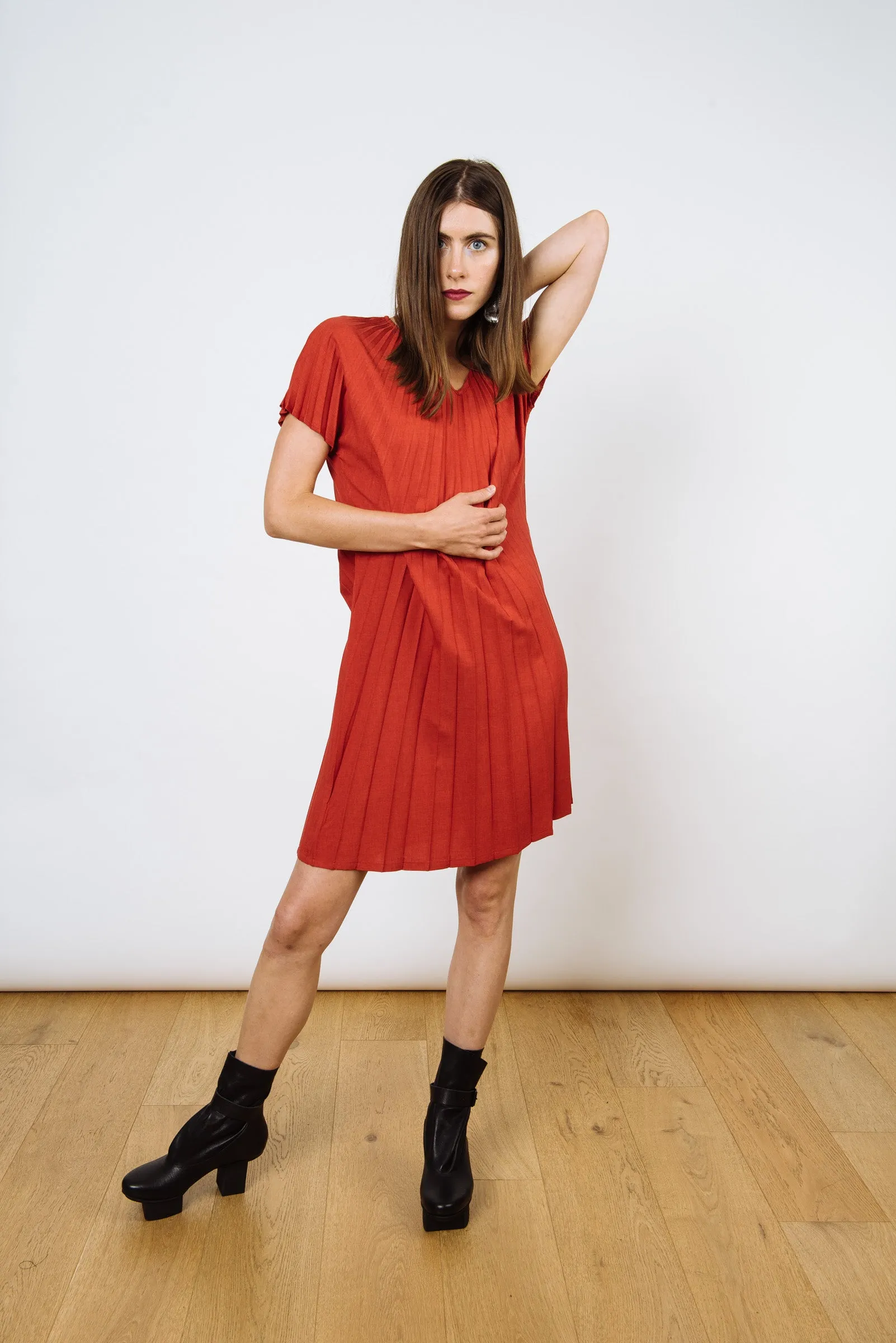 Reversible V-neck Sunburst Dress | Tomato