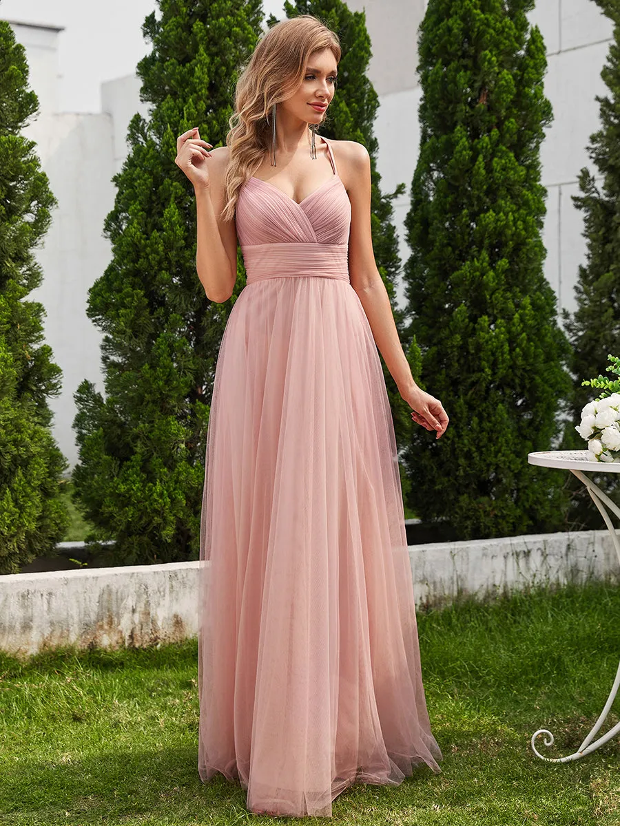 Romantic Spaghetti Straps Tulle Bridesmaid Dresses with Lace Backless Crossover Halter Design