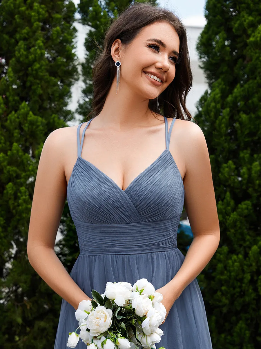 Romantic Spaghetti Straps Tulle Bridesmaid Dresses with Lace Backless Crossover Halter Design