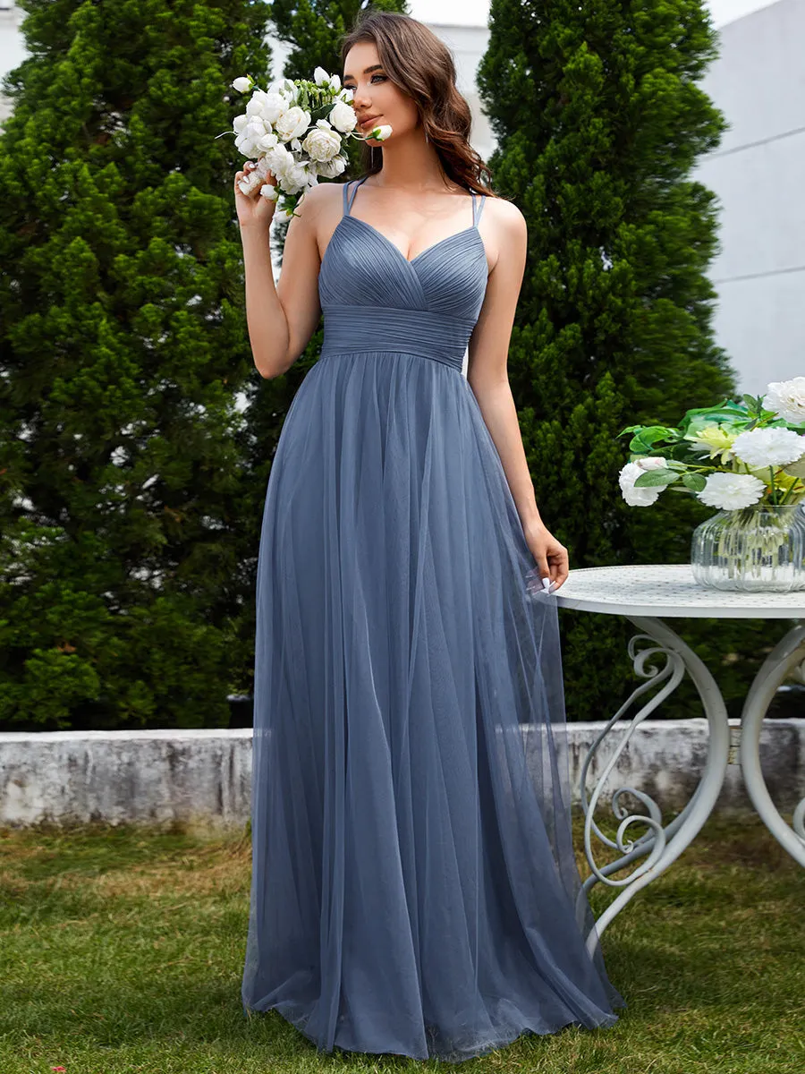 Romantic Spaghetti Straps Tulle Bridesmaid Dresses with Lace Backless Crossover Halter Design