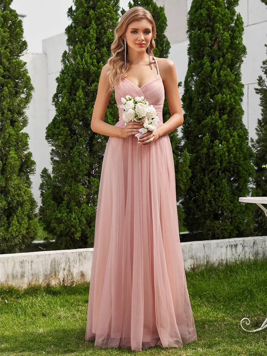 Romantic Spaghetti Straps Tulle Bridesmaid Dresses with Lace Backless Crossover Halter Design