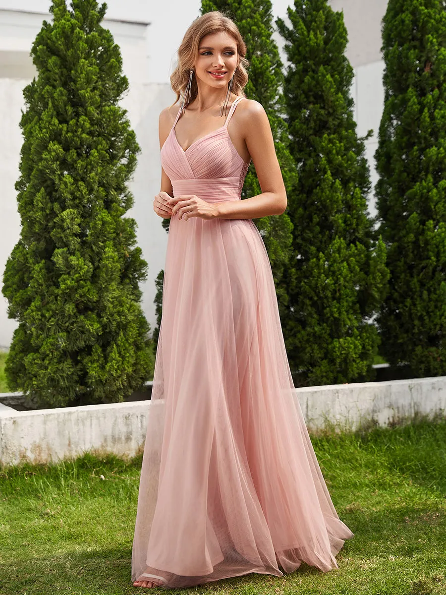 Romantic Spaghetti Straps Tulle Bridesmaid Dresses with Lace Backless Crossover Halter Design