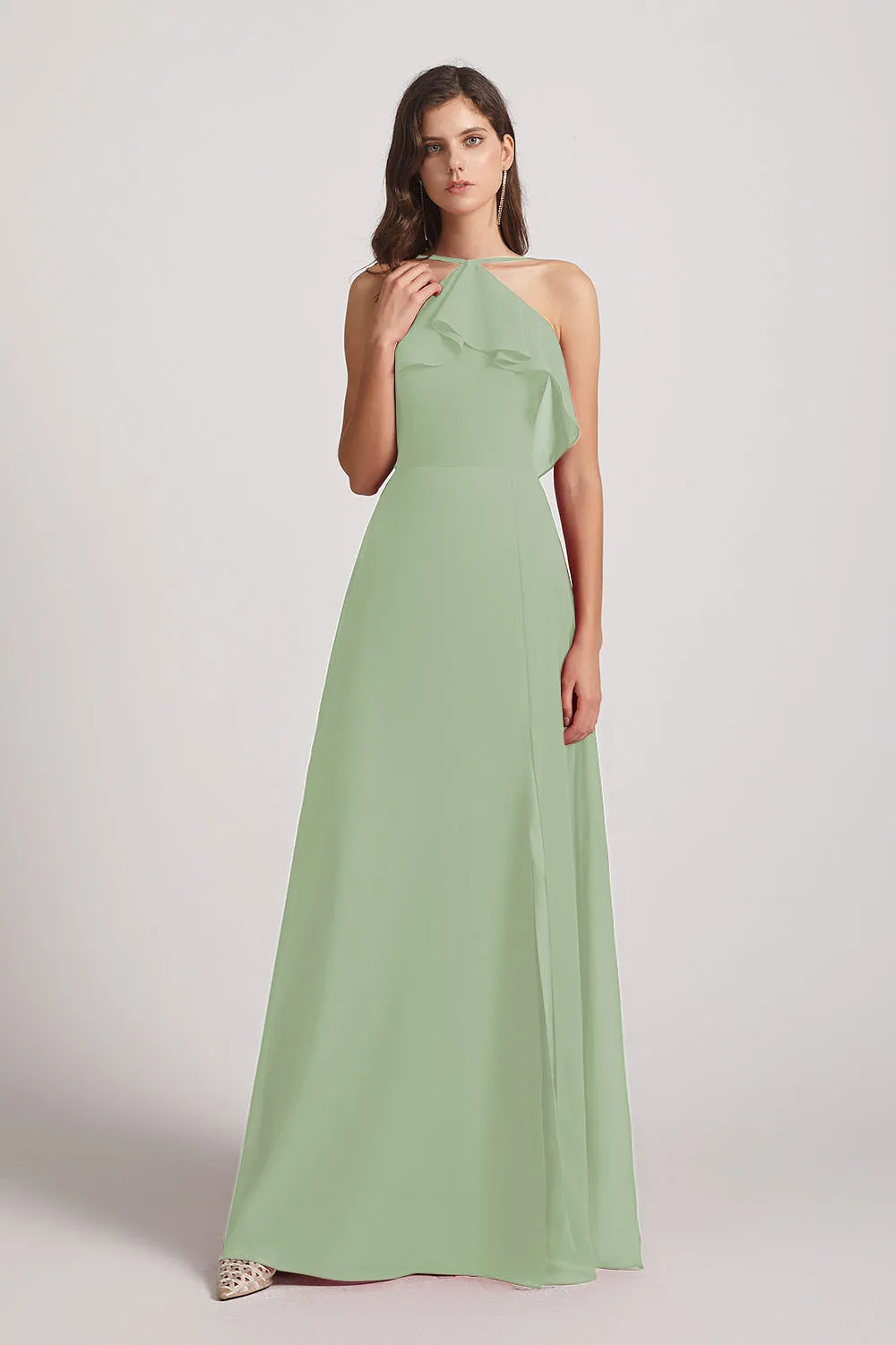 Ruffled Neckline Halter A-Line Chiffon Bridesmaid Dresses (AF0022)