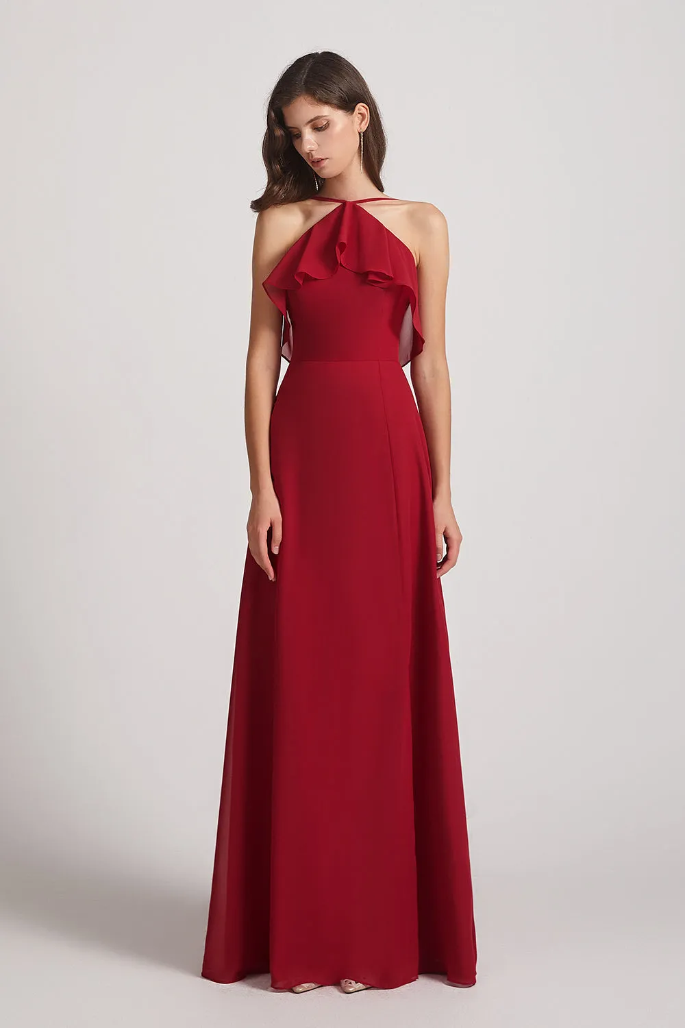 Ruffled Neckline Halter A-Line Chiffon Bridesmaid Dresses (AF0022)