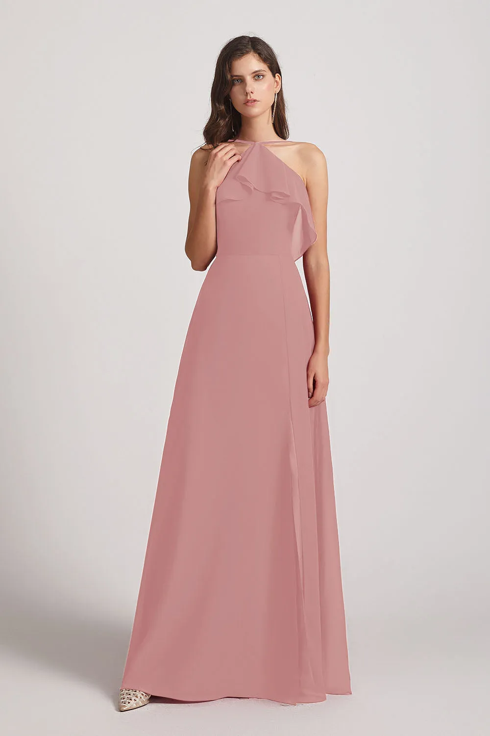 Ruffled Neckline Halter A-Line Chiffon Bridesmaid Dresses (AF0022)