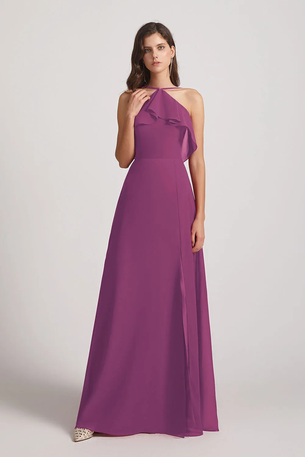 Ruffled Neckline Halter A-Line Chiffon Bridesmaid Dresses (AF0022)