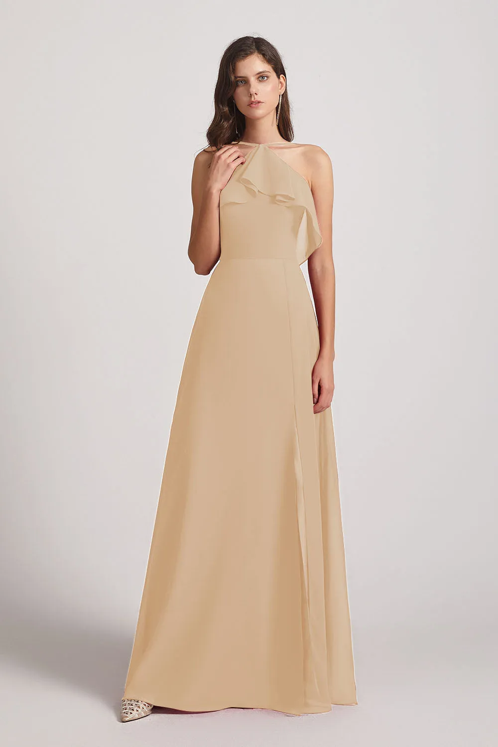 Ruffled Neckline Halter A-Line Chiffon Bridesmaid Dresses (AF0022)