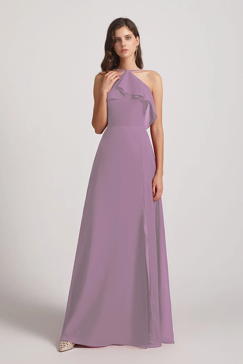 Ruffled Neckline Halter A-Line Chiffon Bridesmaid Dresses (AF0022)