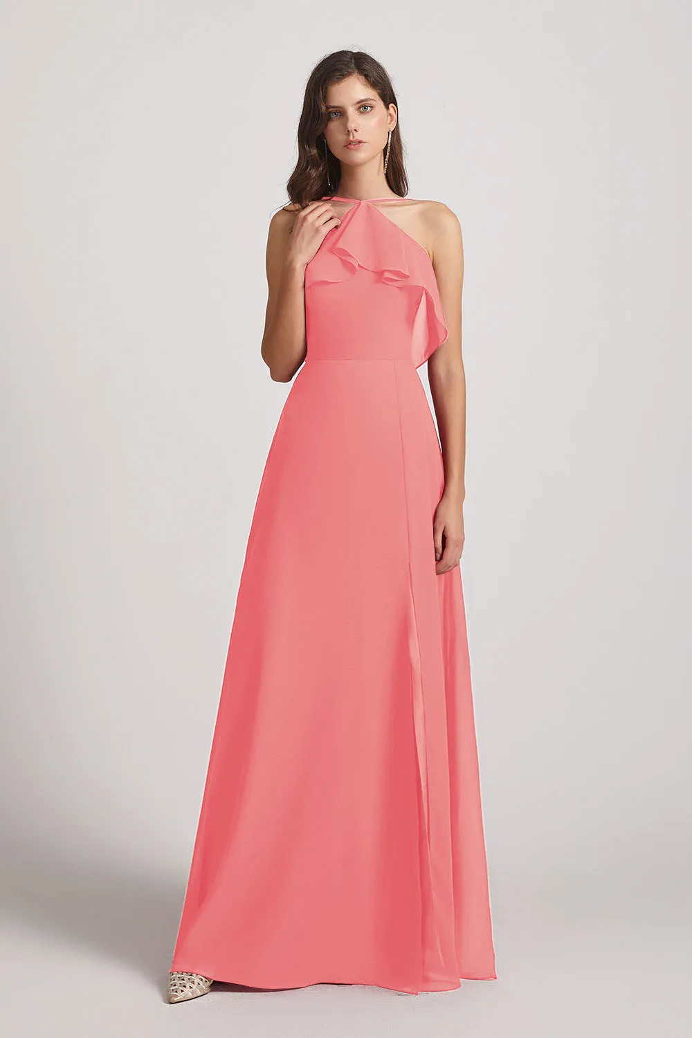 Ruffled Neckline Halter A-Line Chiffon Bridesmaid Dresses (AF0022)