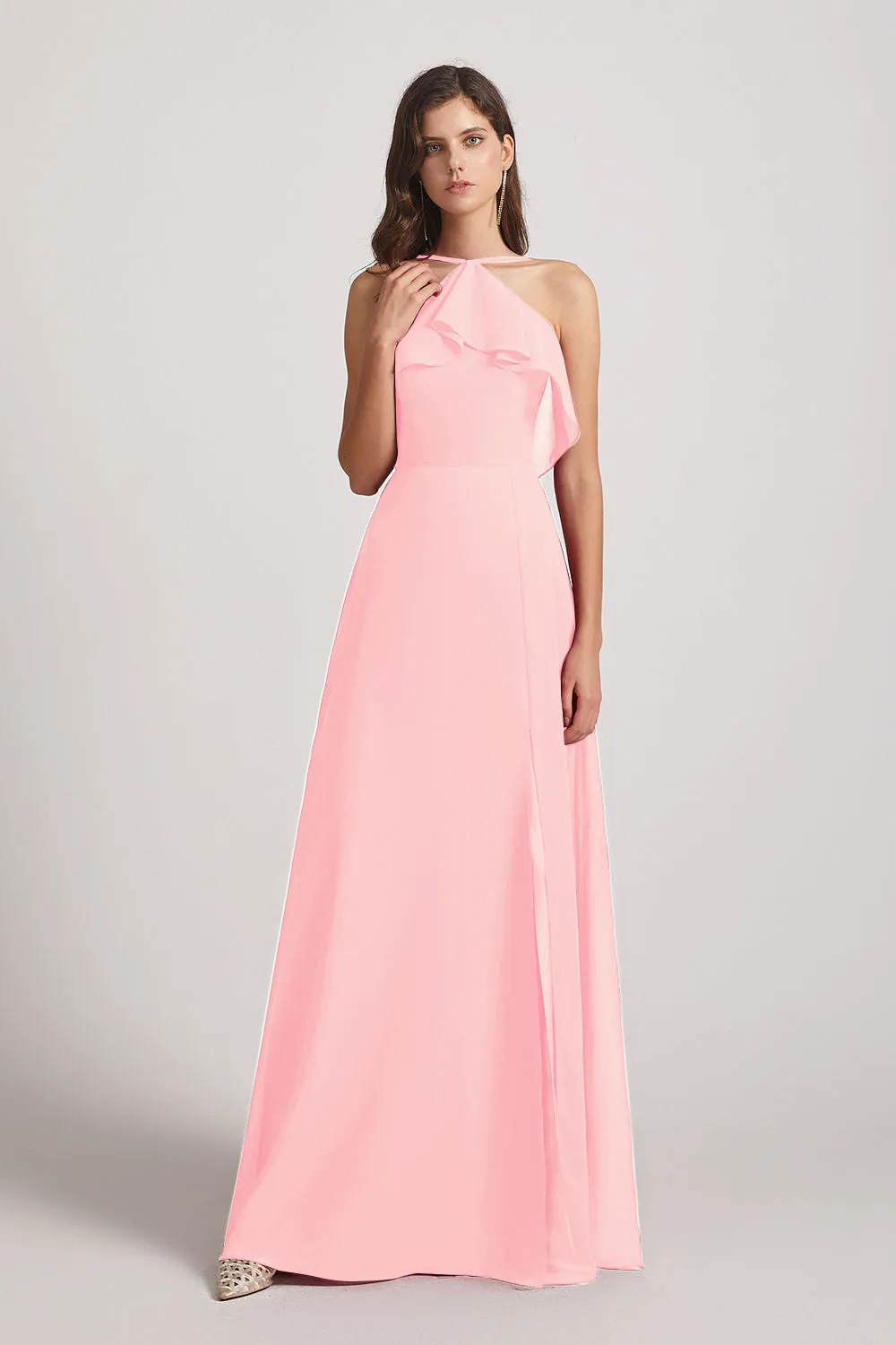 Ruffled Neckline Halter A-Line Chiffon Bridesmaid Dresses (AF0022)