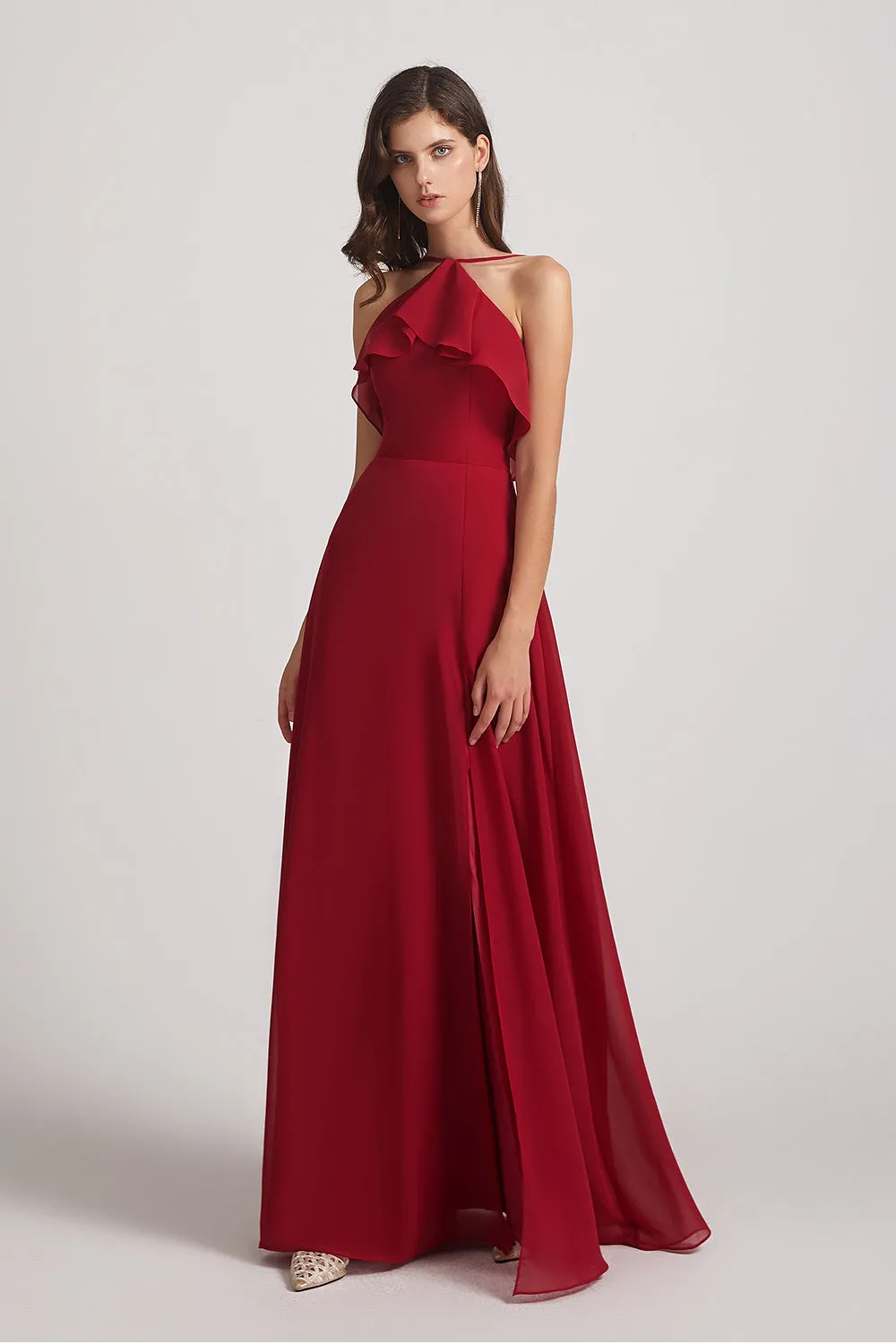 Ruffled Neckline Halter A-Line Chiffon Bridesmaid Dresses (AF0022)