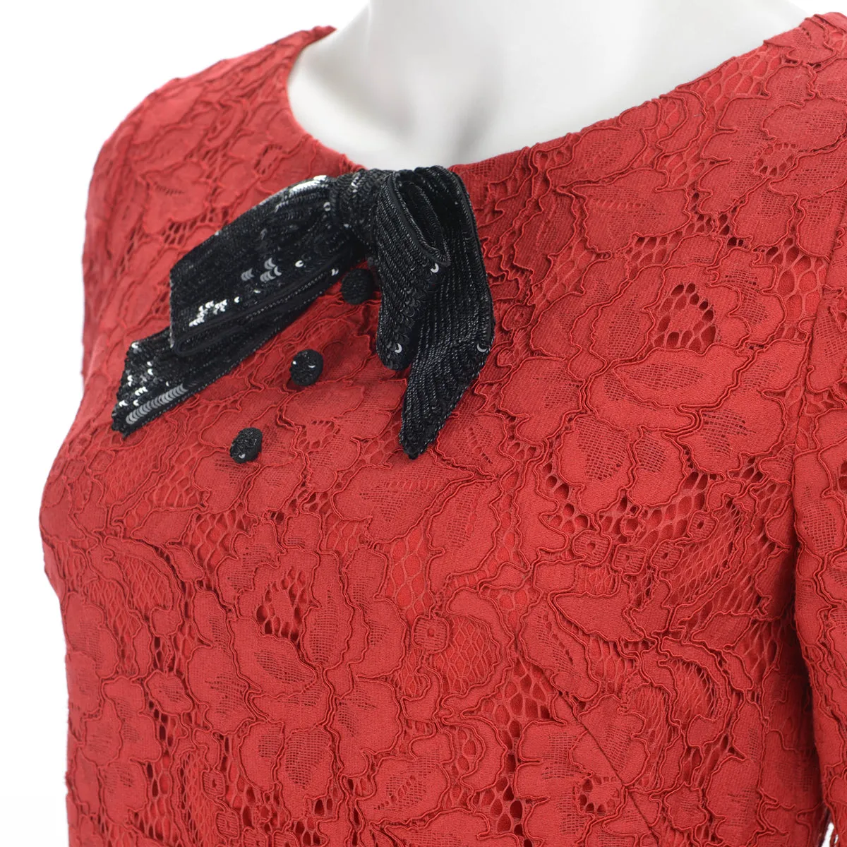 Saint Laurent Red Lace Sequin Bow Dress FR 36